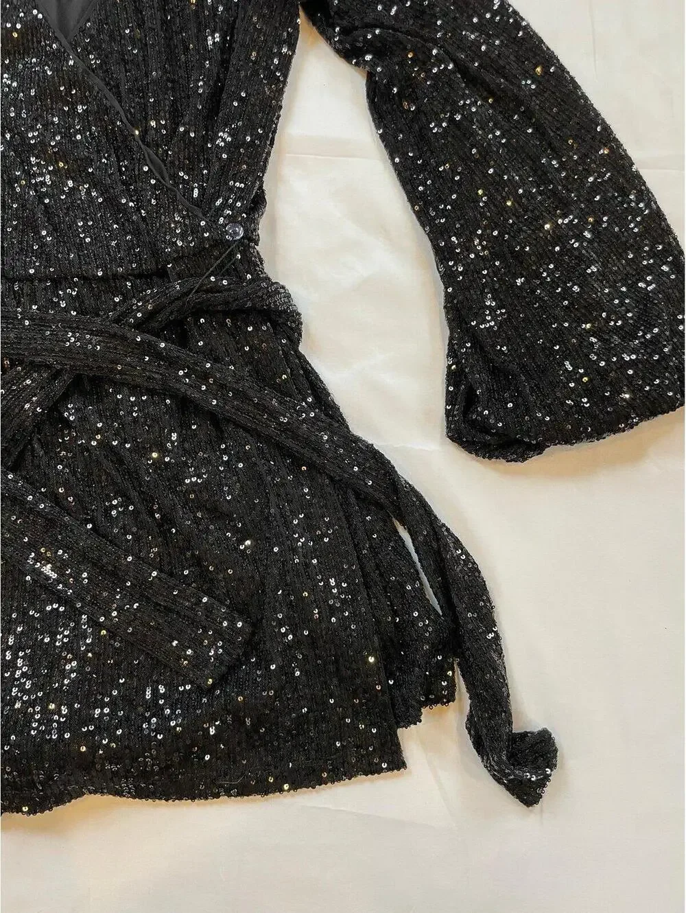 Free People Black Sequin Wrap Romper Medium Long Sleeve